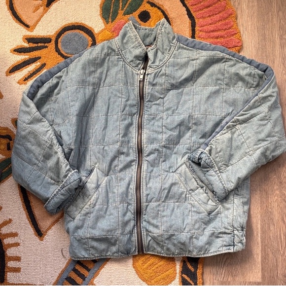 EXCELLENT - Free People Dolman Medium Wash Blue Quilted Denim Jacket Large - Picture 5 of 8
